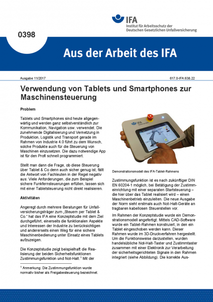 Verwendung von Tablets und Smartphones zur Maschinensteuerung (Aus der Arbeit des IFA Nr. 0398)