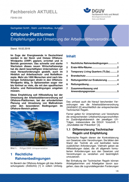 FBHM-098 „Offshore-Plattformen - Empfehlungen zur Umsetzung der Arbeitsstättenverordnung“