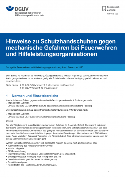 FBFHB-023: Hinweise zu Schutzhandschuhen gegen mechanische Gefahren bei Feuerwehren und Hilfeleistun