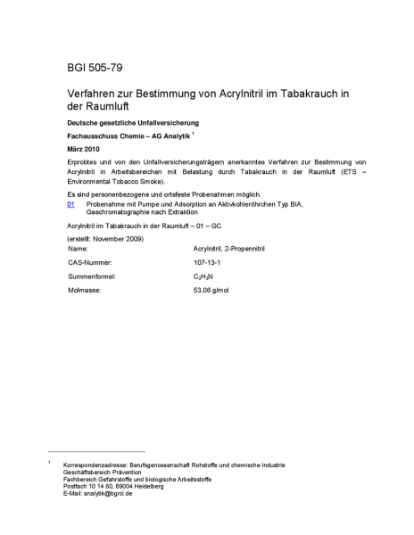 Verfahren zur Bestimmung von Acrylnitril im Tabakrauch in der Raumluft