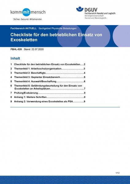 FBHL-020 „Checkliste für den betrieblichen Einsatz von Exoskeletten“