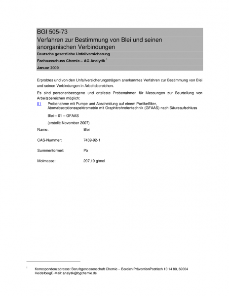 Verfahren zur Bestimmung von Blei und seinen anorganischen Verbindungen