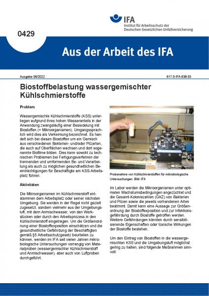 Biostoffbelastung wassergemischter Kühlschmierstoffe (Aus der Arbeit des IFA Nr. 0429)