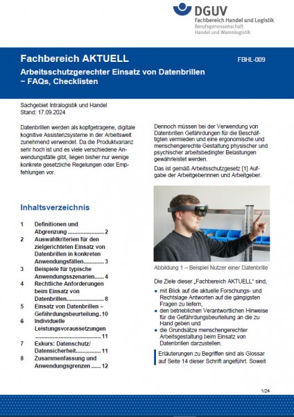 FBHL-009: Arbeitsschutzgerechter Einsatz von Datenbrillen − FAQs, Checklisten