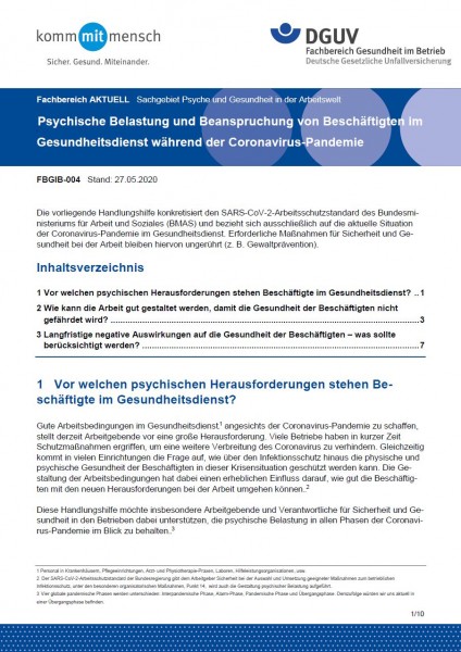 Fbgib 004 Psychische Belastung Und Beanspruchung Von Beschaftigten Im Gesundheitsdienst Wahrend Der Coronavirus Pandemie Dguv Publikationen