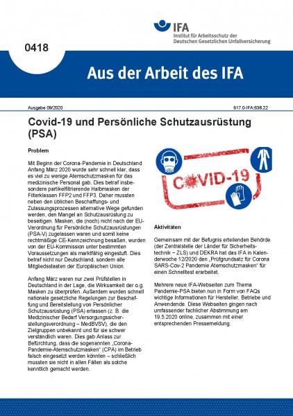 Covid-19 und Persönliche Schutzausrüstung (PSA) (Aus der Arbeit des IFA Nr. 0418)