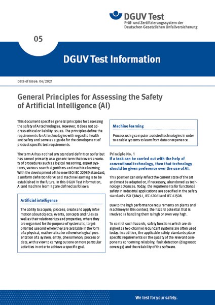 DGUV Testinformation 05: General Principles for Assessing the Safety of Artificial Intelligence (AI)