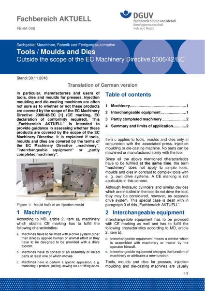 FBHM-068: Tools / Moulds and Dies - Outside the scope of the EC Machinery Directive 2006/42/EG