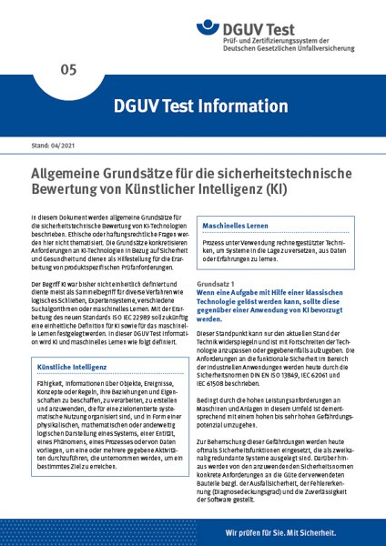 DGUV Test Information 05: Allgemeine Grundsätze für die sicherheitstechnische Bewertung von künstlic