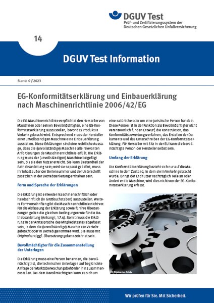 DGUV Test Information 14: EG-Konformitätserklärung und Einbauerklärung nach Maschinenrichtlinie 2006