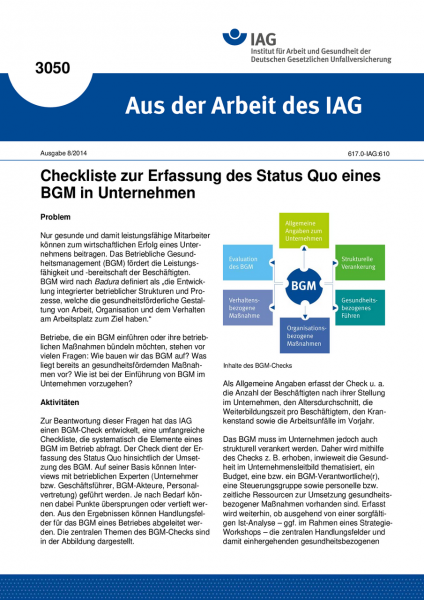 Checkliste zur Erfassung des Status Quo eines BGM in Unternehmen (Aus der Arbeit des IAG Nr. 3050)