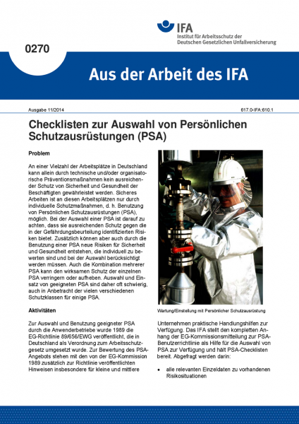 Checklisten zur Auswahl von Persönlichen Schutzausrüstungen (PSA). Aus der Arbeit des IFA Nr. 0270