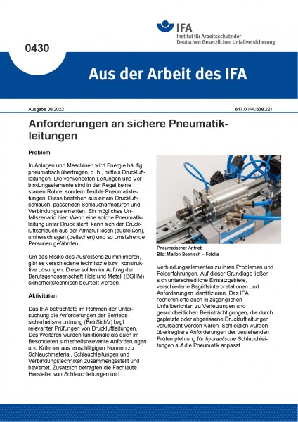 Anforderungen an sichere Pneumatikleitungen (Aus der Arbeit des IFA Nr. 0430)