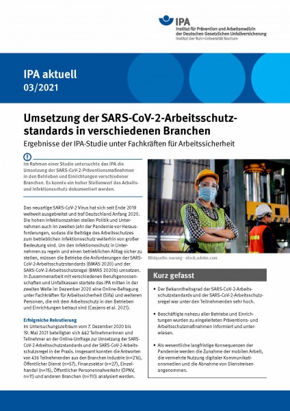 IPA Aktuell 03/2021: Umsetzung der SARS-CoV-2-Arbeitsschutzstandards in verschiedenen Branchen