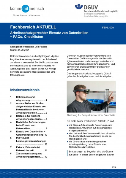 FBHL-009 „Arbeitsschutzgerechter Einsatz von Datenbrillen − FAQs, Checklisten“
