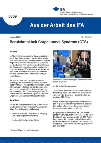 Berufskrankheit Carpaltunnel-Syndrom (CTS) (Aus der Arbeit des IFA Nr. 0359)