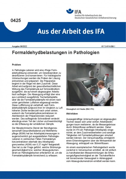 Formaldehydbelastungen in Pathologien (Aus der Arbeit des IFA Nr. 0425)