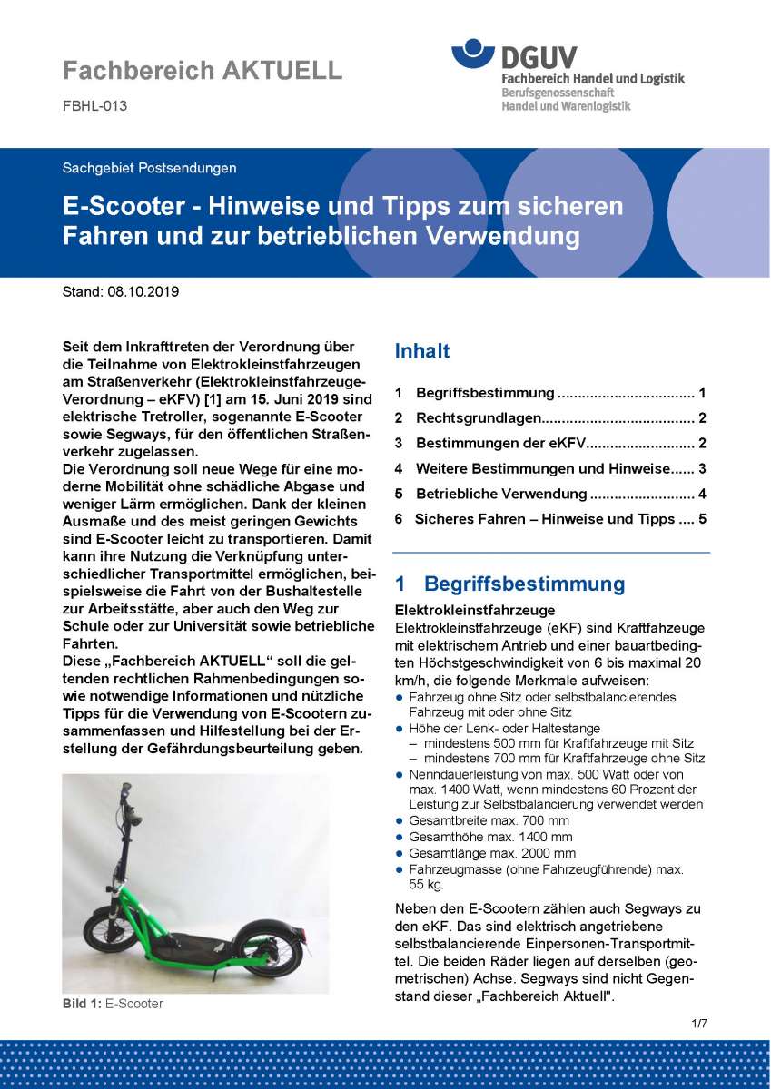 FBHL-013: E-Scooter - Hinweise Und Tipps Zum Sicheren Fahren Und Zur ...