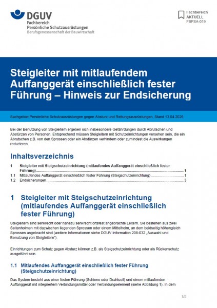 FBPSA-019: Steigleiter mit mitlaufendem Auffanggerät einschließlich fester Führung – Hinweis zur End