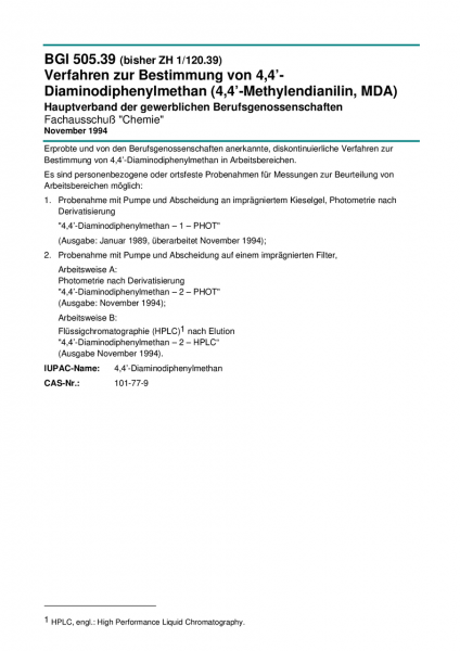 Verfahren zur Bestimmung von 4,4&#039;-Diaminodiphenylmethan (4,4&#039;-Methylendianilin, MDA)