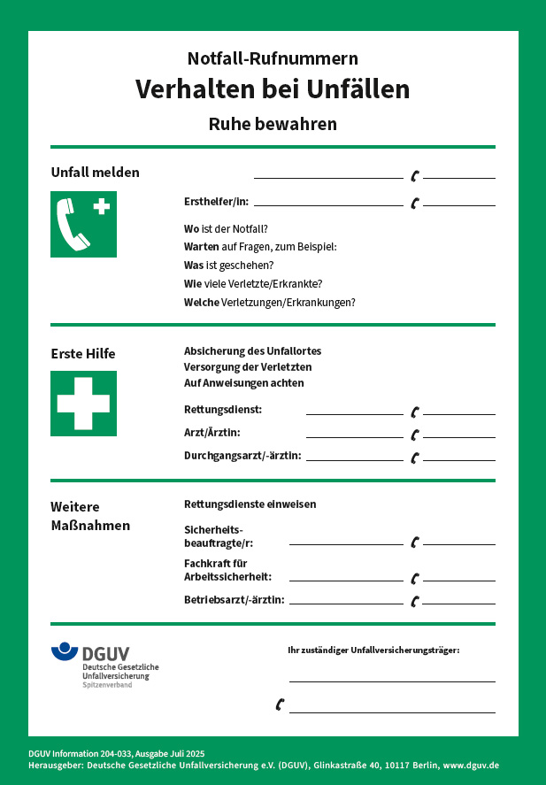 DGUV Information 204-033 Notruf-Nummern-Verzeichnis | DGUV Publikationen