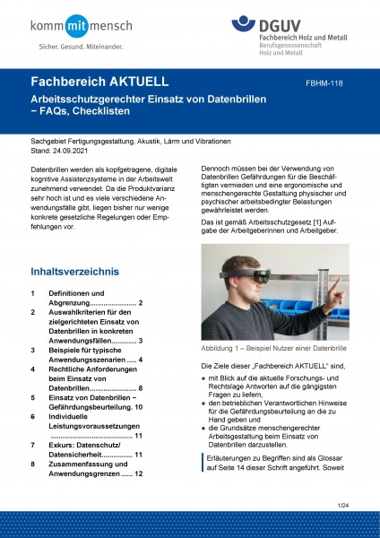FBHM-118 „Arbeitsschutzgerechter Einsatz von Datenbrillen - FAQs, Checklisten“