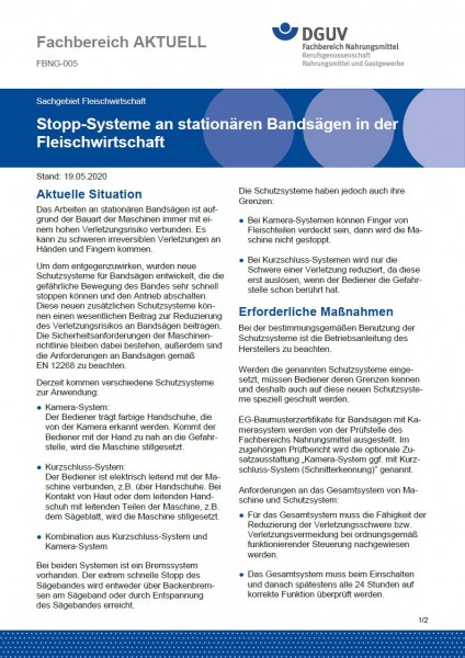 FBNG-005: Stopp-Systeme an stationären Bandsägen in der Fleischwirtschaft