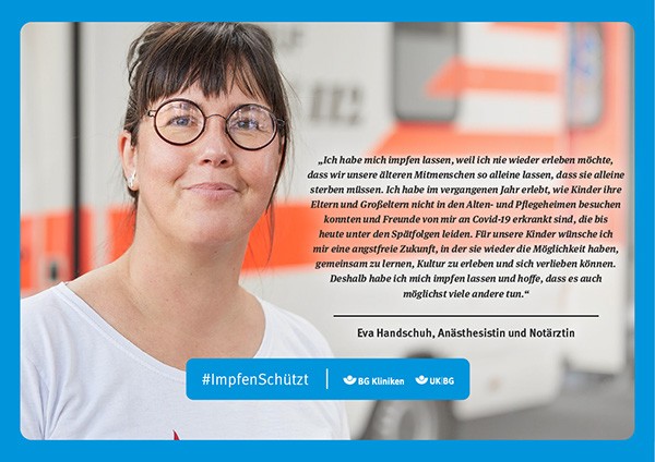 Plakat #ImpfenSchützt, Motiv: Eva Handschuh (UK|BG und BG Kliniken) Querformat