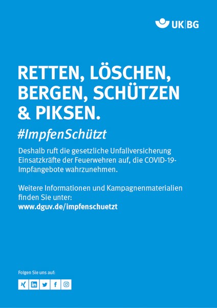 Plakat #ImpfenSchützt, Motiv „Retten, Löschen, Bergen, Schützen &amp; Piksen“ (UK|BG) Hochformat
