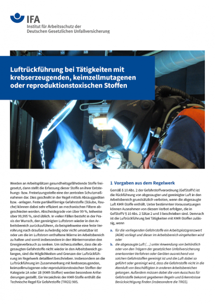 Luftrückführung bei Tätigkeiten mit krebserzeugenden, keimzellenmutagenen oder reproduktionstoxische
