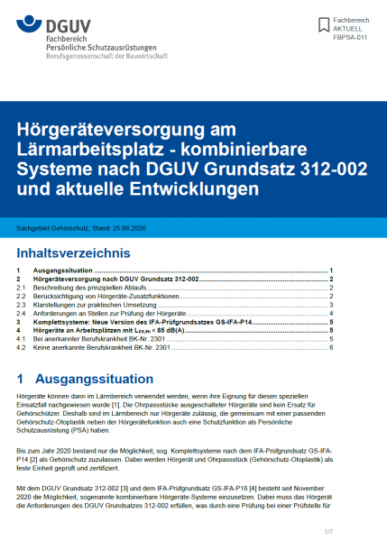 FBPSA-011: Hörgeräteversorgung am Lärmarbeitsplatz - kombinierbare Systeme nach DGUV Grundsatz 312-0