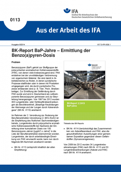 BK-Report BaP-Jahre - Ermittlung der Benzo(a)pyren-Dosis. Aus der Arbeit des IFA Nr. 0113
