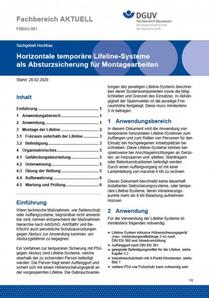 FBBAU-001: Horizontale temporäre Lifeline-Systeme als Absturzsicherung für Montagearbeiten