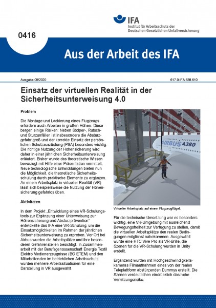 Einsatz der virtuellen Realität in der Sicherheitsunterweisung 4.0 (Aus der Arbeit des IFA Nr. 0416)