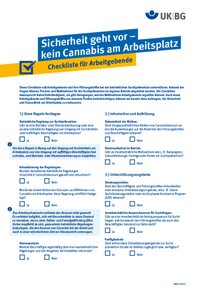 Sicherheit geht vor – kein Cannabis am Arbeitsplatz (Checkliste für Arbeitgebende)