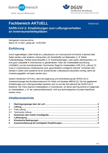 FBVW-502: SARS-CoV-2: Empfehlungen zum Lüftungsverhalten an Innenraumarbeitsplätzen
