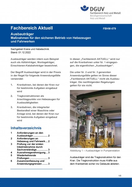 FBHM-079: Ausbauträger - Maßnahmen für den sicheren Betrieb von Hebezeugen und Fahrwerken