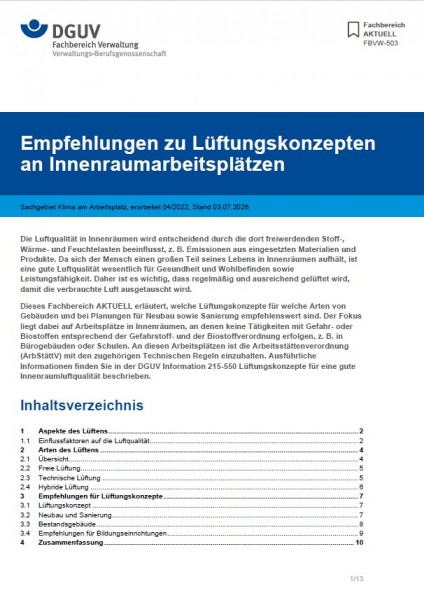 FBVW-503: Empfehlung zu Lüftungskonzepten an Innenraumarbeitsplätzen
