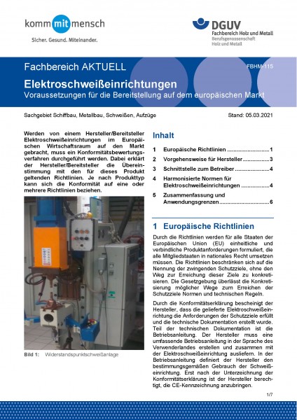 FBHM-115 „Elektroschweißeinrichtungen - Voraussetzungen für die Bereitstellung auf dem europäischen