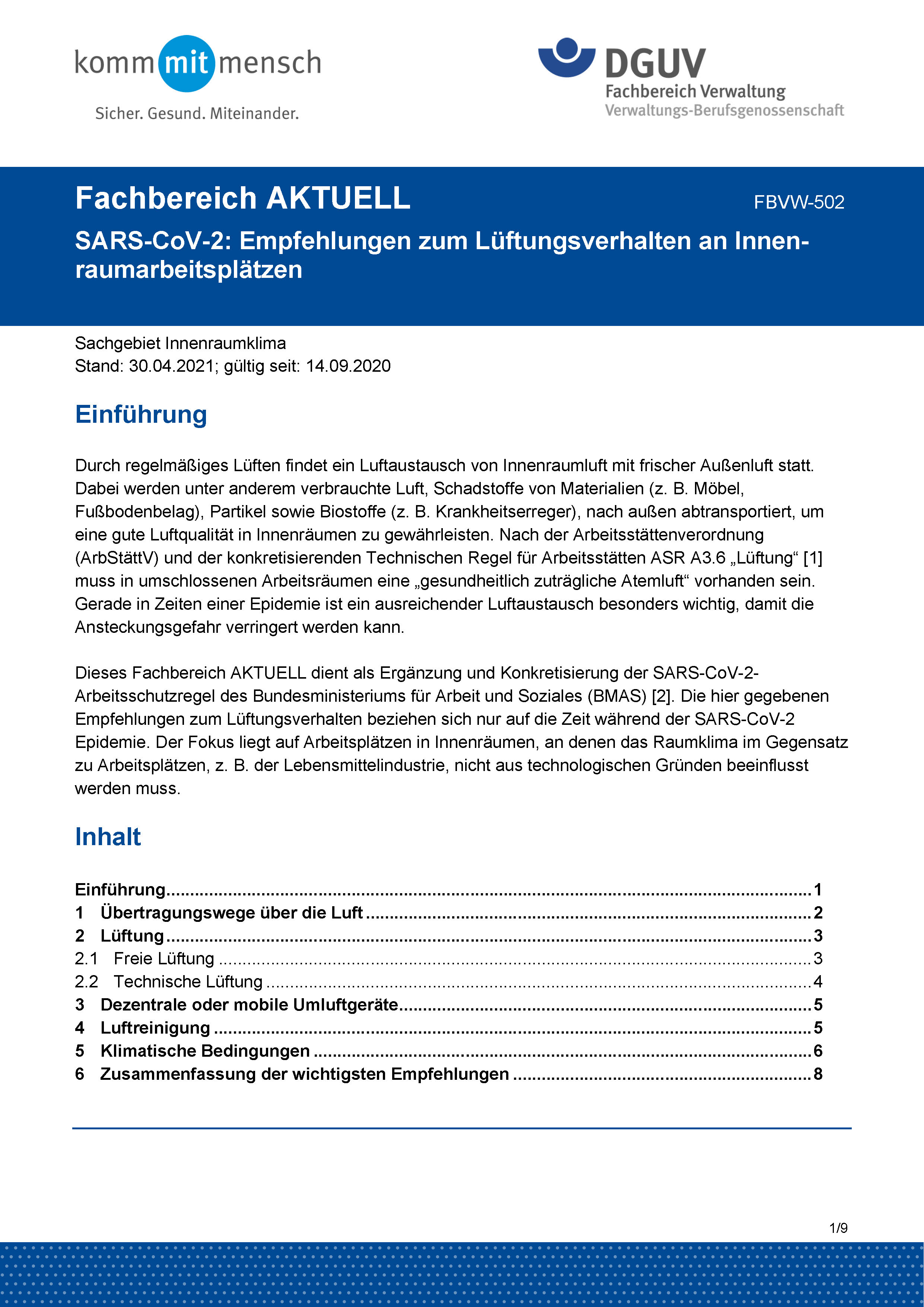 FBVW-502 „SARS-CoV-2: Empfehlungen Zum Lüftungsverhalten An ...