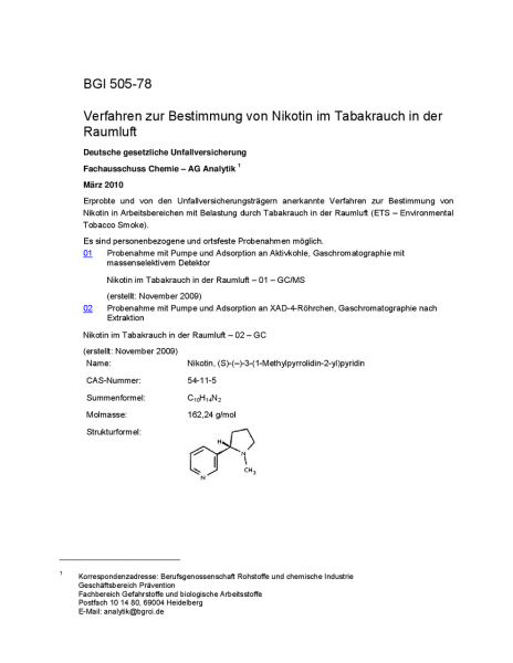 Verfahren zur Bestimmung von Nikotin im Tabakrauch in der Raumluft