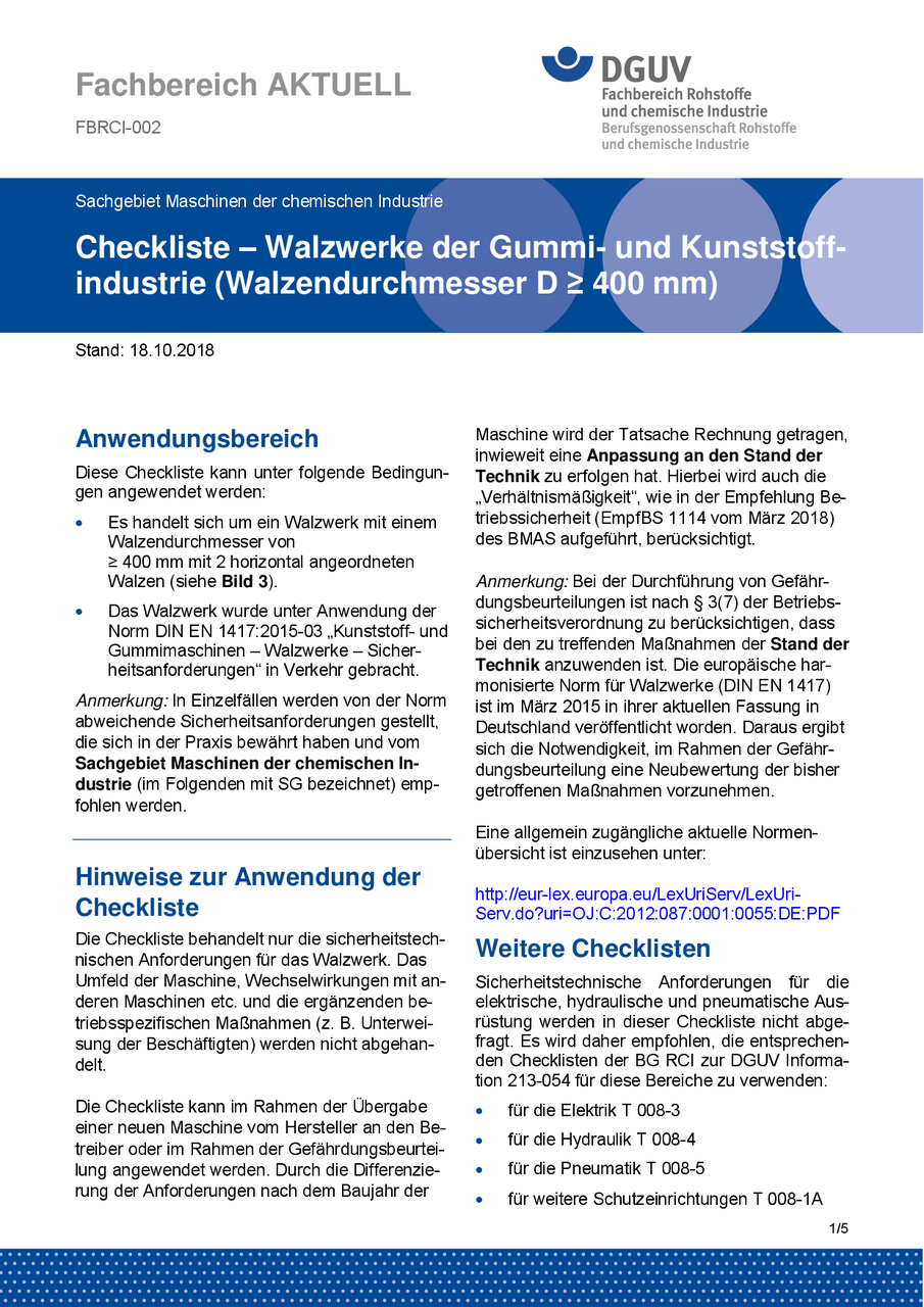 FBRCI-002: Checkliste - Walzwerke der Gummi- und