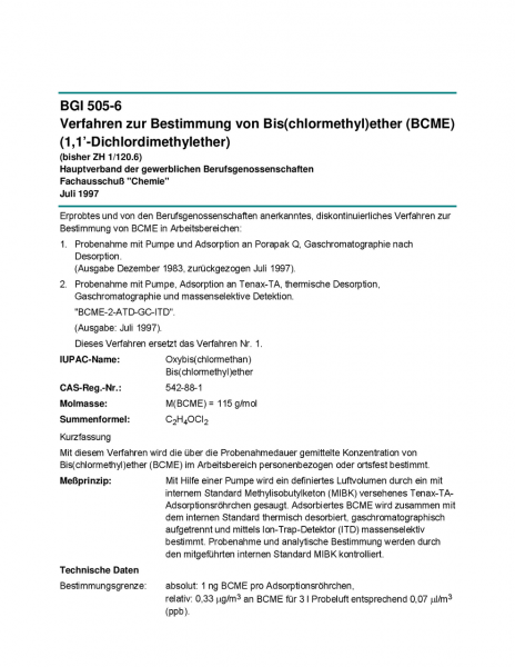 Verfahren zur Bestimmung von Bis(chlormethyl)ether (BCME) (1,1&#039;-Dichlordimethylether)