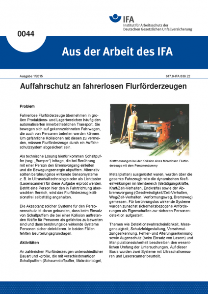 Auffahrschutz an fahrerlosen Flurförderzeugen. Aus der Arbeit des IFA Nr. 0044