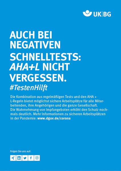 Plakat #TestenHilft, „Auch bei negativen Schnelltests: AHA + L nicht vergessen“ (UK|BG) Hochformat