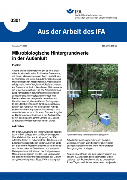 Mikrobiologische Hintergrundwerte in der Außenluft. Aus der Arbeit des IFA Nr. 0301