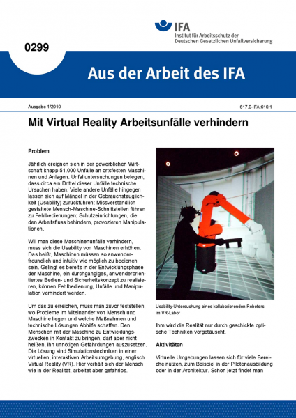 Mit Virtual Reality Arbeitsunfälle verhindern. Aus der Arbeit des IFA Nr. 0299