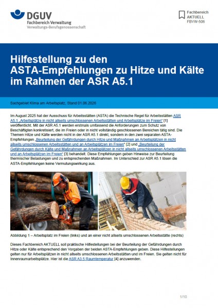 FBVW-506: Hilfestellung zu den ASTA-Empfehlungen zu Hitze und Kälte im Rahmen der ASR A5.1