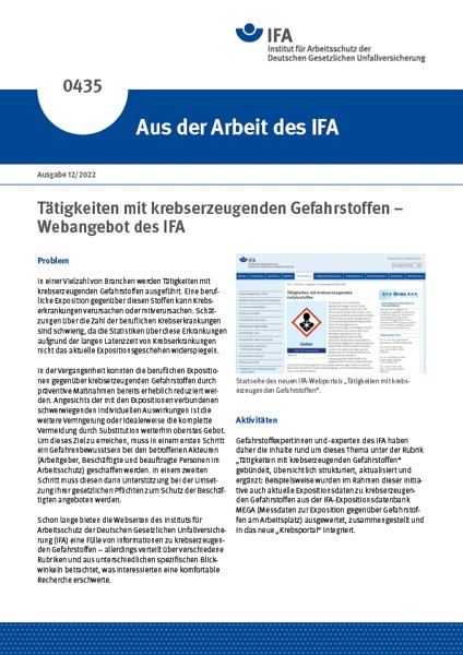 Tätigkeiten mit krebserzeugenden Gefahrstoffen - Webangebot des IFA (Aus der Arbeit des IFA Nr. 0435