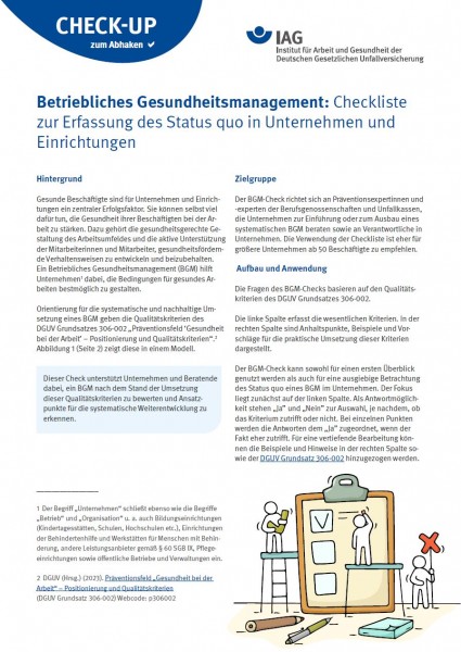 CHECK-UP Betriebliches Gesundheitsmanagement: Checkliste zur Erfassung des Status quo in Unternehmen